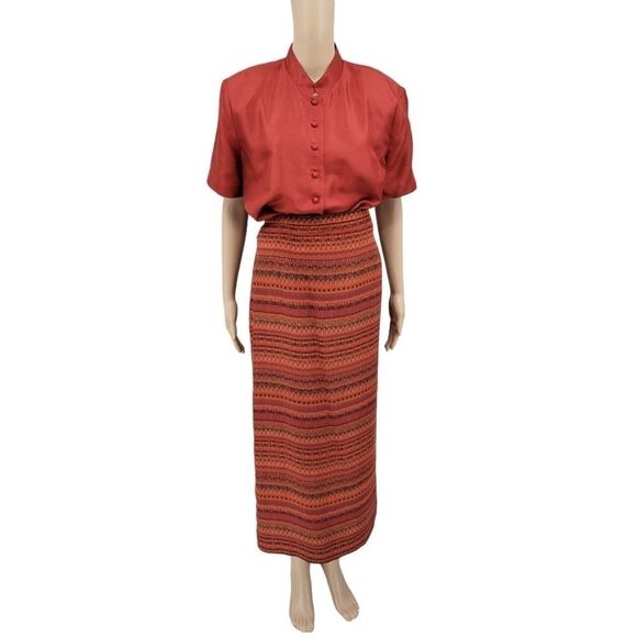 Plaza South Vintage Silk Burnt Rust Orange Maxi Skirt Blouse Matching Set - Picture 6 of 15